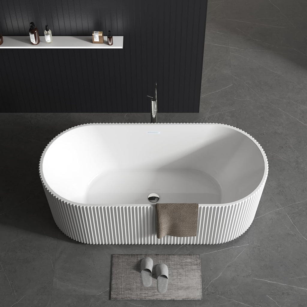 67" Acrylic Freestanding Bathtub, Modern Soaking Tub with Matte Drain and Overflow, Ergonomic Deep Design, Double-Walled Insulation, CUPC Certified, Easy Clean, Slip-Resistant, Gloss White