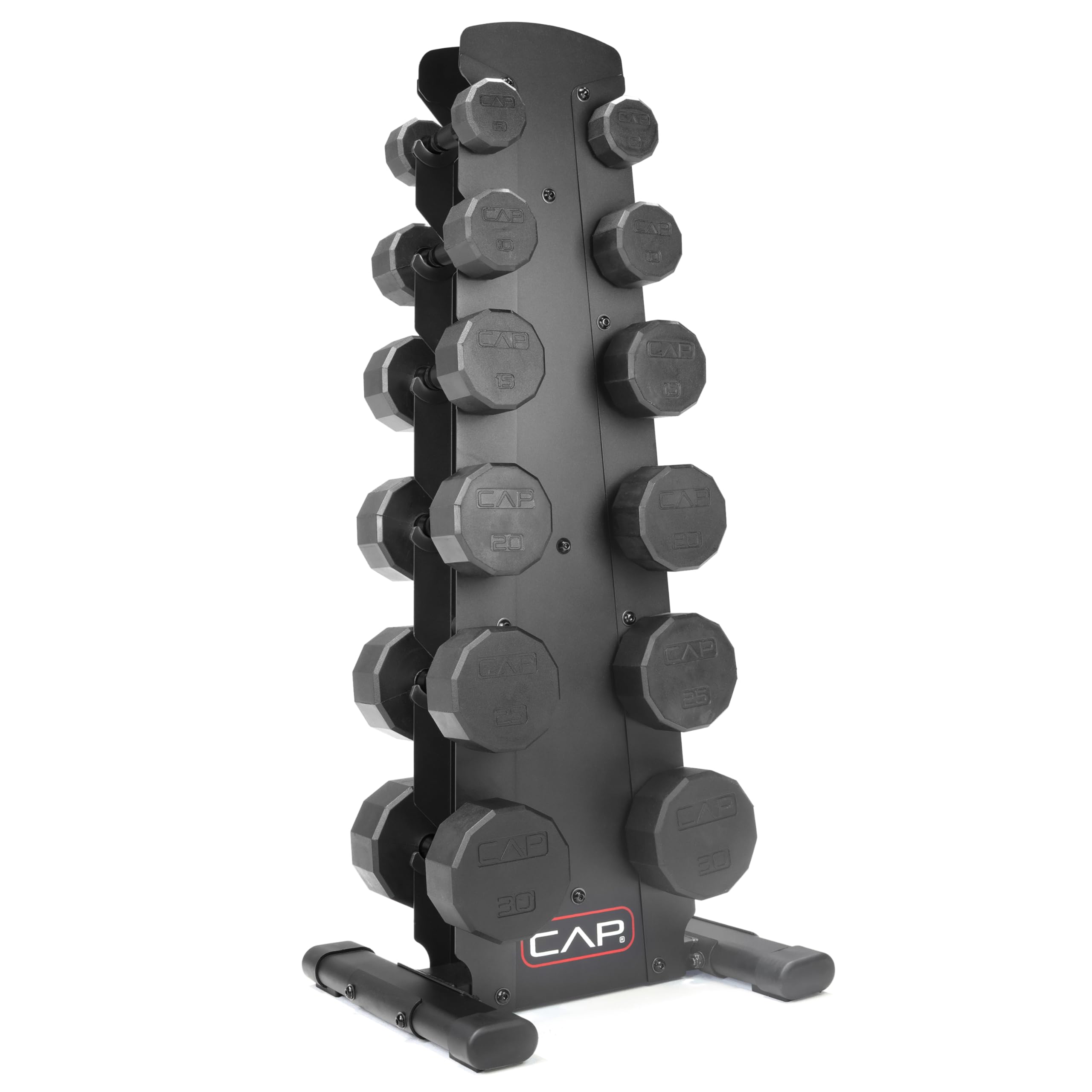 CAP 210 lb Rubber Coated 12-Sided Dumbbell Set with Vertical Rack, Space-Saving Storage for Home Gym Strength Training, Black Handle, Black Rack