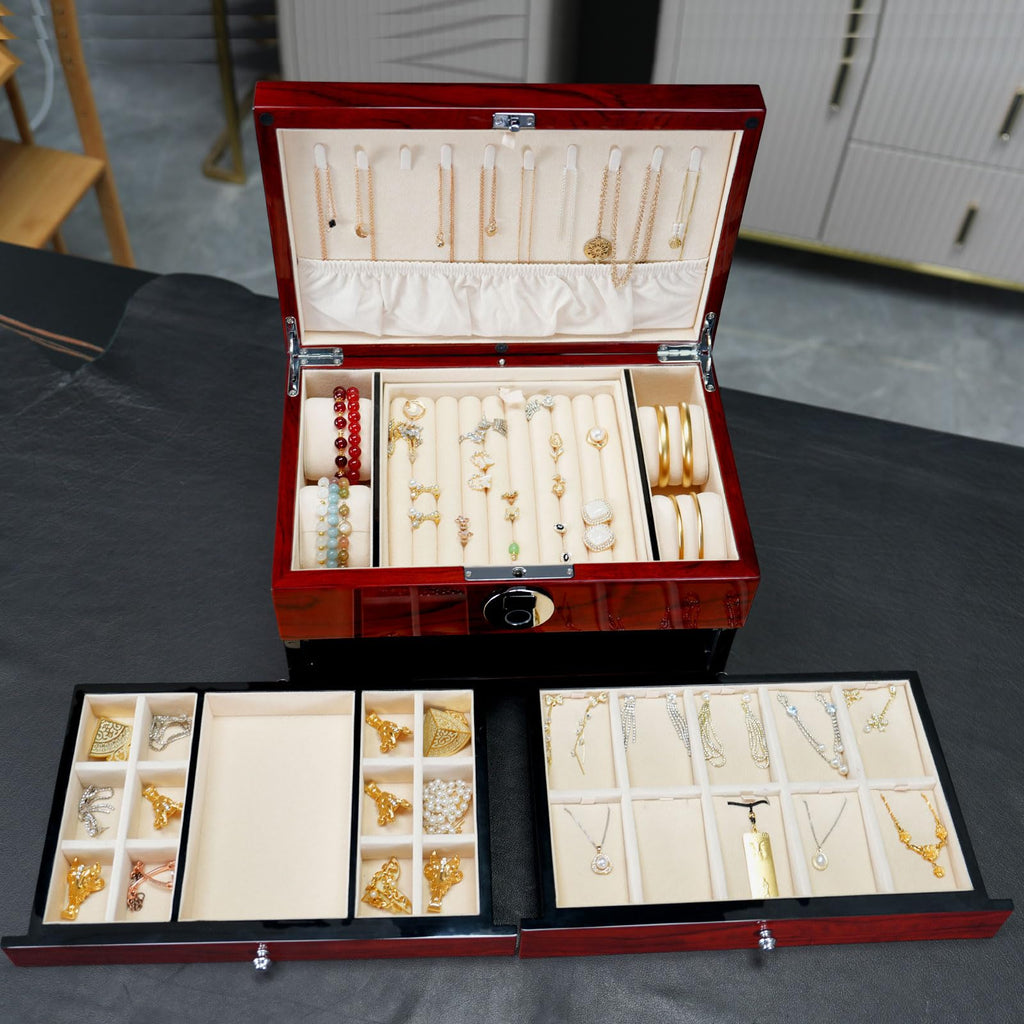 SYENS Wood Jewelry Box for Women, 3-layers Large Jewelry Storage Box&Organizer Fingerprint Lock, Drawers Full Locking, Mother Gifts (3L-RS)