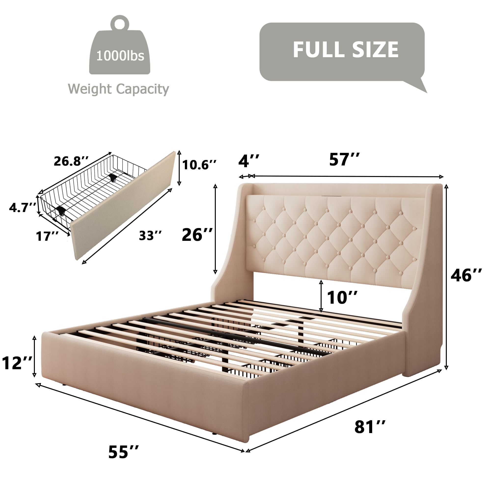 Feonase Upholstered Full Size Bed Frame with 4 Storage Drawers, Charging Station and Tufted Wingback Storage Headboard, No Box Spring Needed, Easy Assembly, Beige