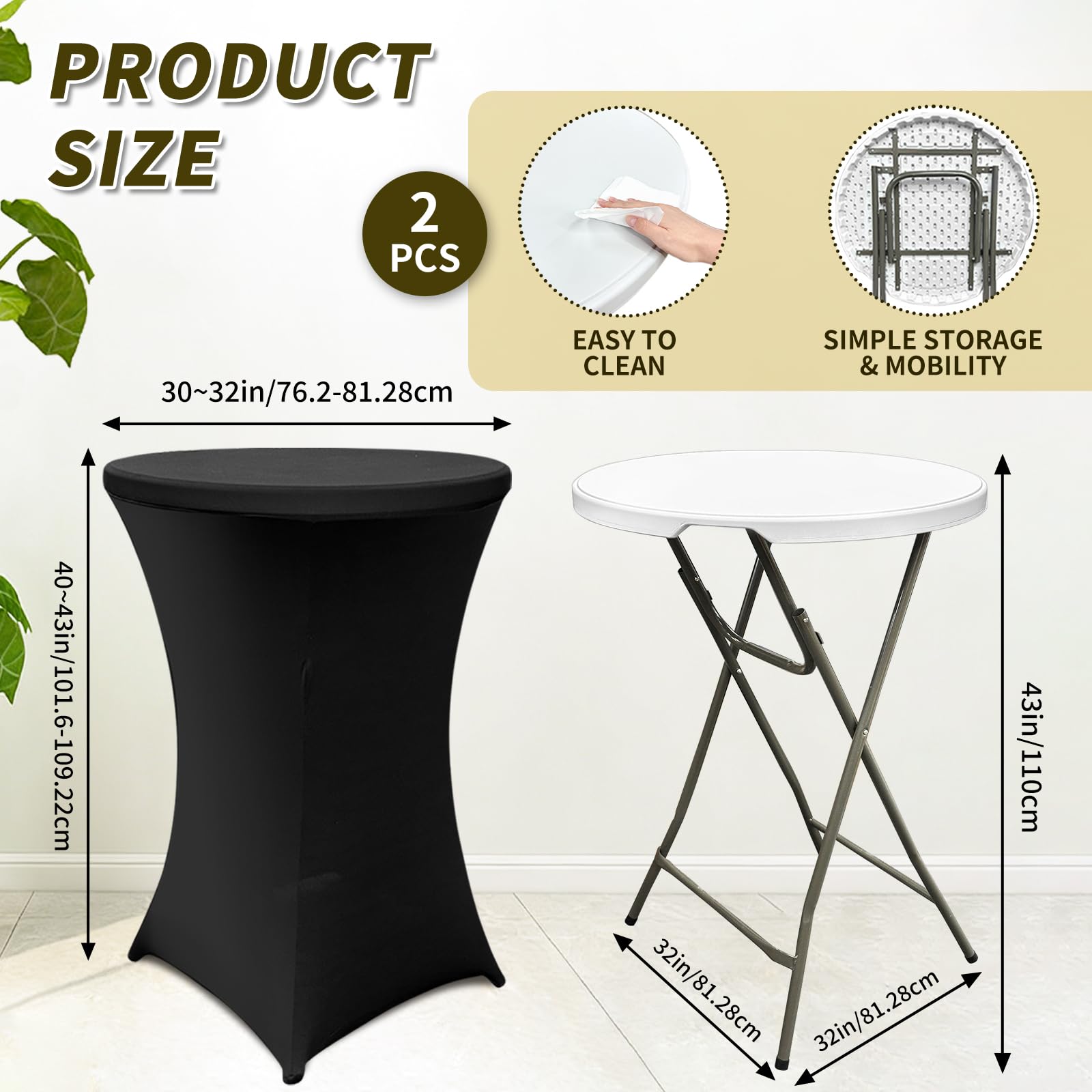 Sowhatsowoo 2 Sets 32" High Top Round Folding Cocktail Tables White Bar Height with Removable Legs & 32"x43" Spandex Stretch Black Table Covers Hightop Table for Outdoor Indoor Wedding Parties