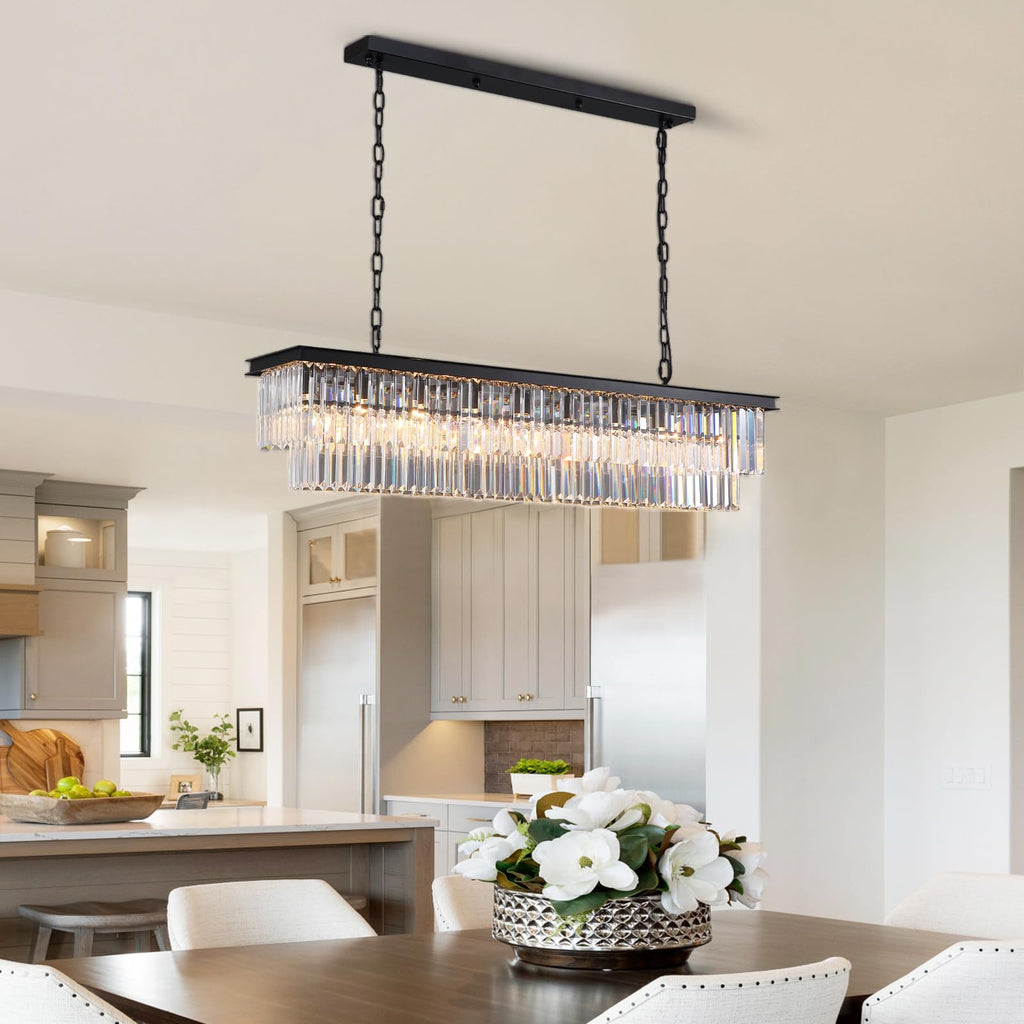 NOXARTE Rectangle Chandeliers for Dining Room, Modern Rectangular Crystal Chandelier Black 8 Lights Pendant Fixture for Kitchen Island Bar Living Room L47 Inch