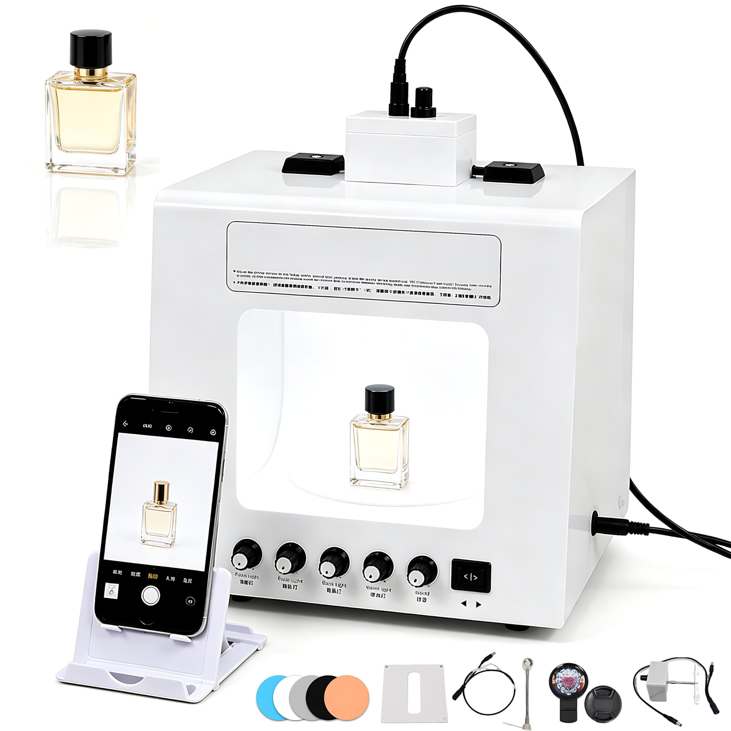 QIUNAOZI Professional Jewelry Photography Light Box Kit. Jewelry Photo Light Box, 4pcs Fill Lights, with 360° Electric Rotating Feature, Support Jewelry Hanging or Placing White-TB30