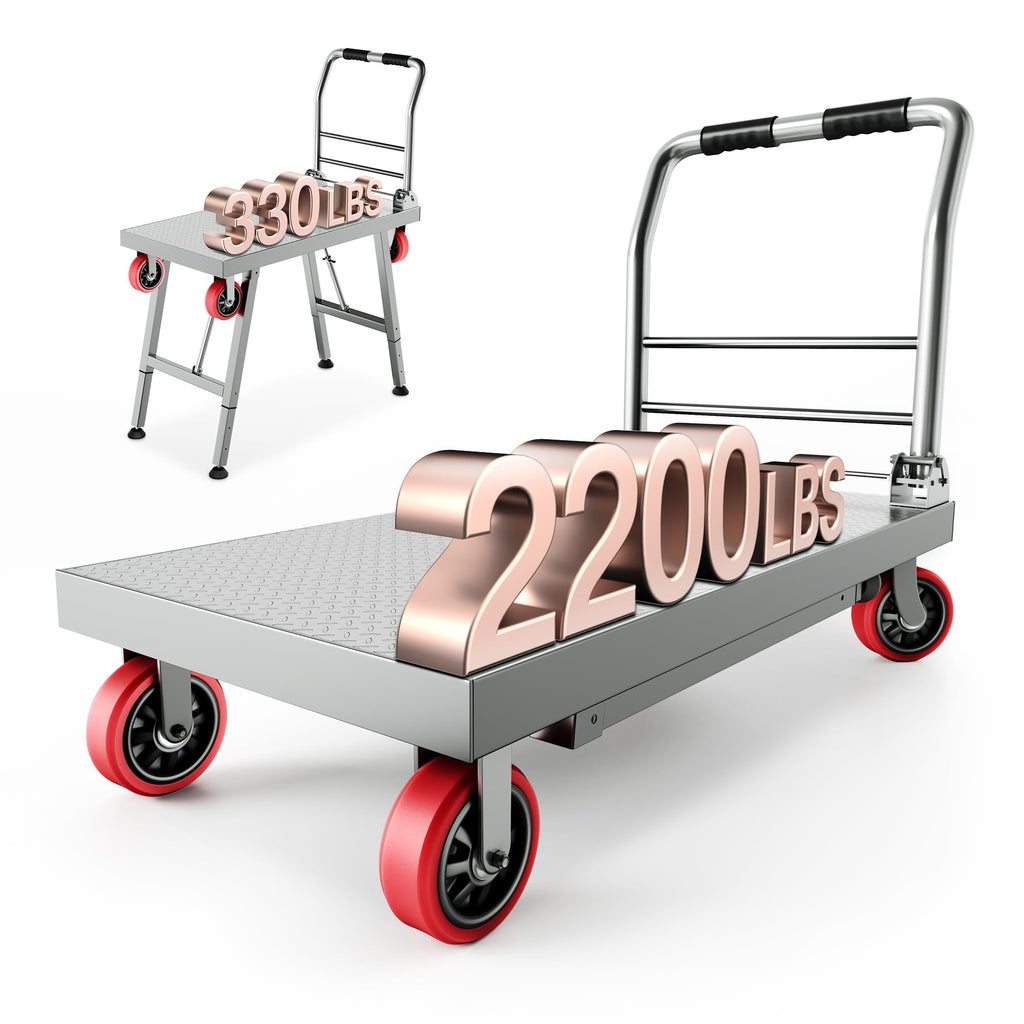 Lomive 2IN1 43"×24" Foldable Platform Truck, Portable Ladder Platform, Height Adjustable Work Scaffolding, 2200lbs Capacity Heavy Duty Flatbed Bed Cart w/2 Swivel Casters