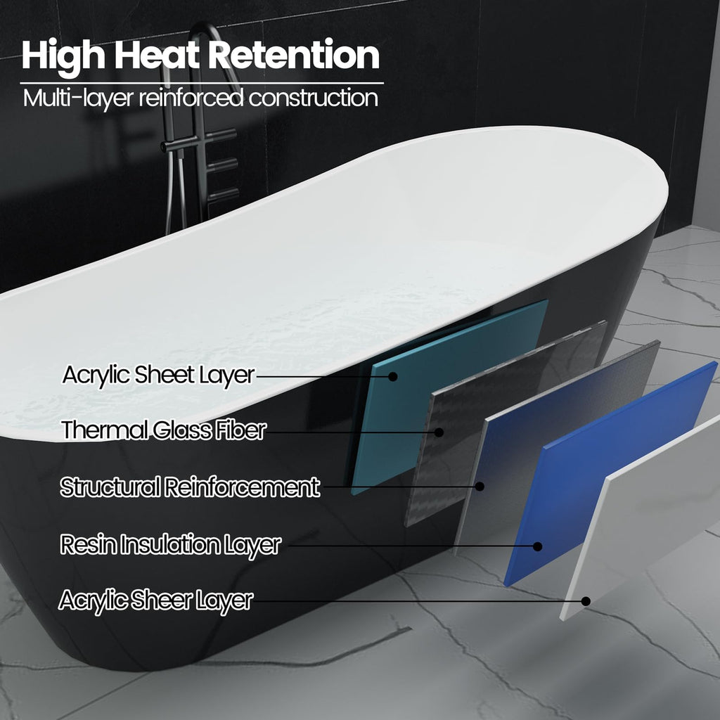 67" Acrylic Freestanding Bathtub, Black Exterior White Interior, Acrylic Stand Alone Tub with Chrome Drain, Spa Bath