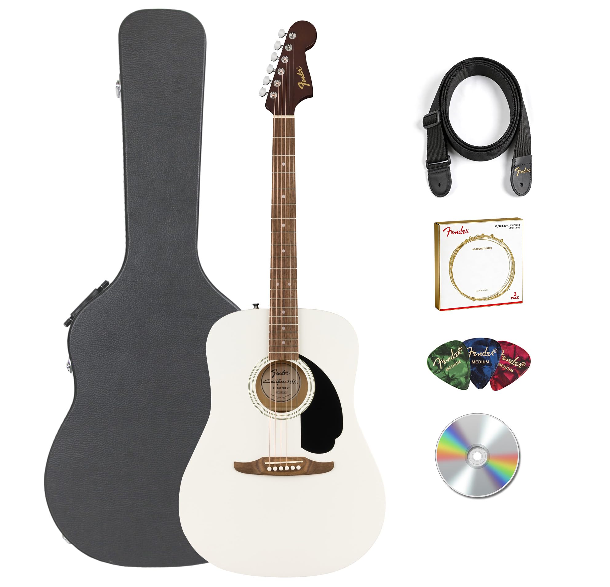 Fender California Redondo Acoustic Guitar - White Bundle with Hard Case, Strap, Strings, Picks, and Austin Bazaar Instructional Video