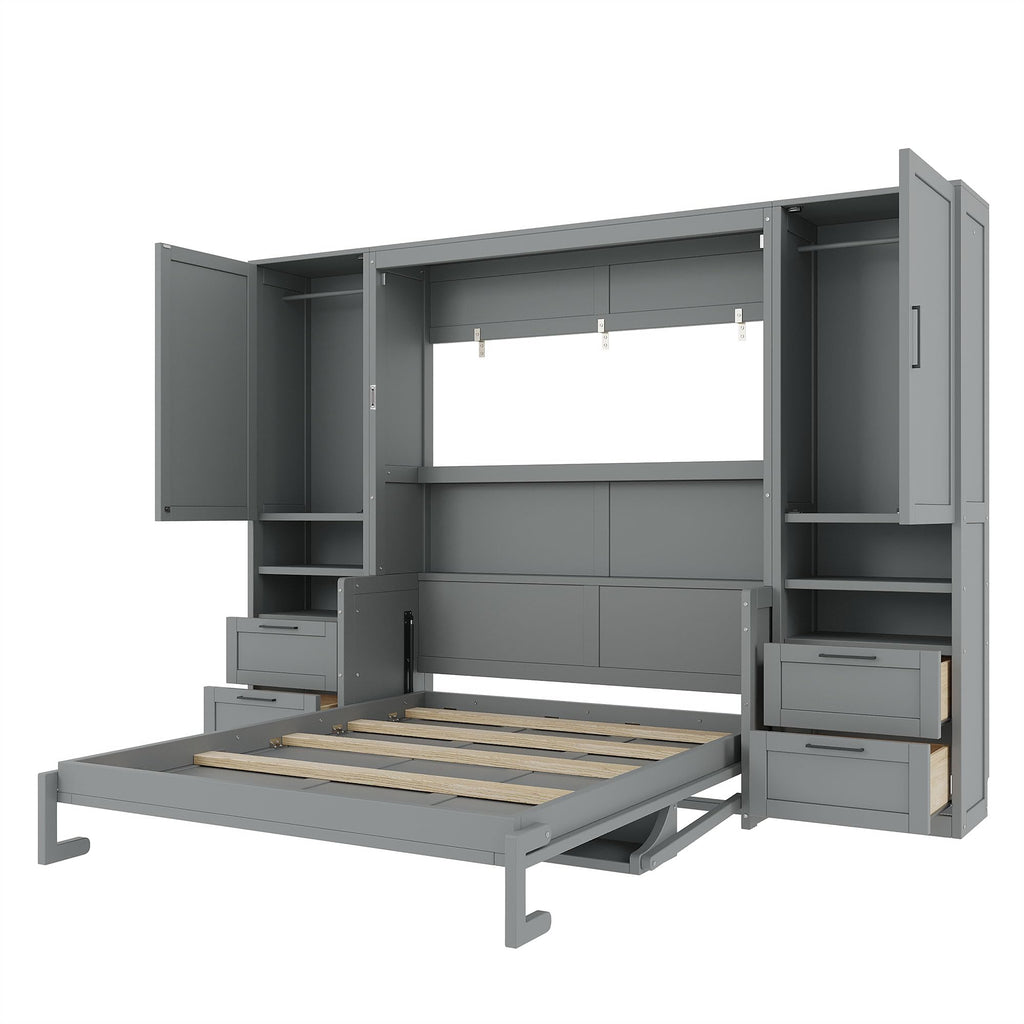 Merax Queen Size Murphy Bed with Desk, Multifunctional Foldable Wall Bed with Closet, Drawers and Shelves, Space-Saving Wood Platform Bed Frame for Small Spaces Studio Study Office Guest Room, Gray