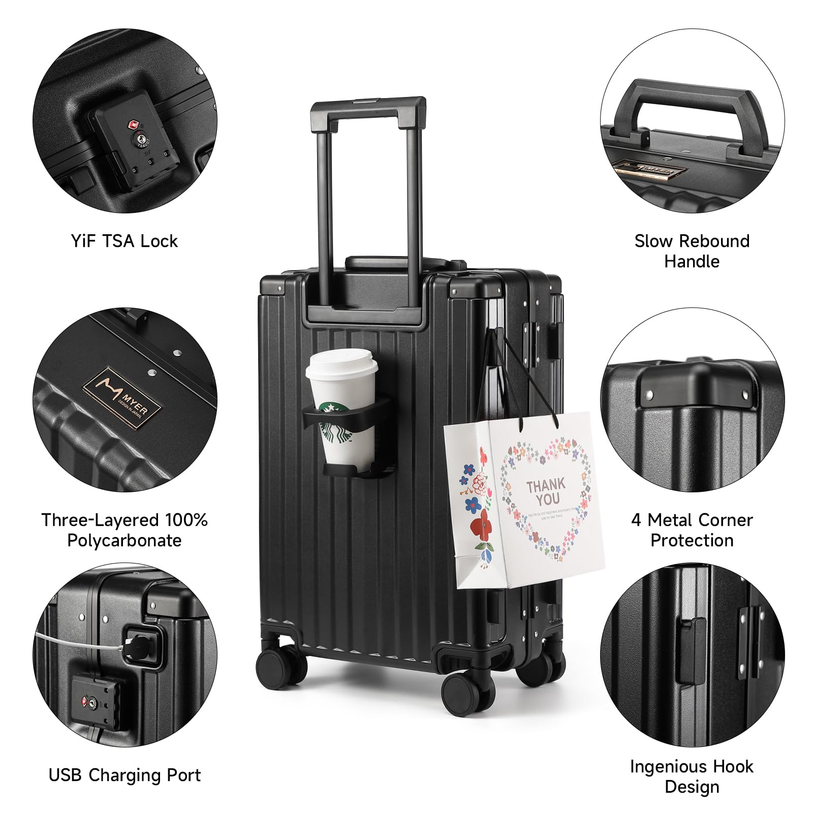 MYER Hard Case 26 Inch Checked Luggage with Spinner Wheels,Aluminum Luggage with 100% 3-Layer PC,Hard Shell Suitcases with Wheels,Cup Holder and USB Port