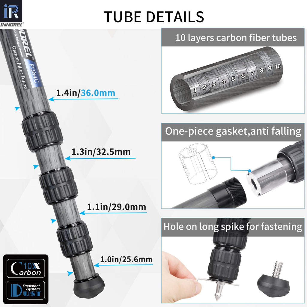 INNOREL Carbon Fiber Tripod for Hunting, 360° Large Ball Head(2.17"), with Arca Swiss Dovetail Mount, 70" Hevy Duty Stable Tripod for Photography and Outdoors, Max Load 77lb/35kg, P364C