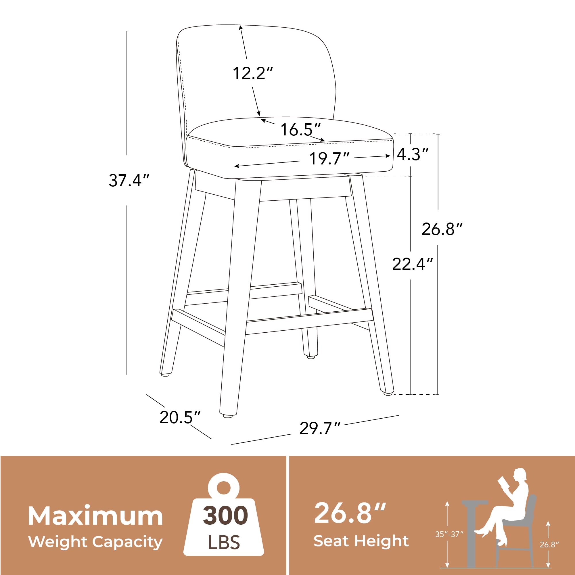 CHITA 26.8" Swivel Counter Height Bar Stools, Modern Upholstered Counter Stools with Back and Wood Legs for Kitchen Island, Home Bar, Set of 2, Cream Fabric