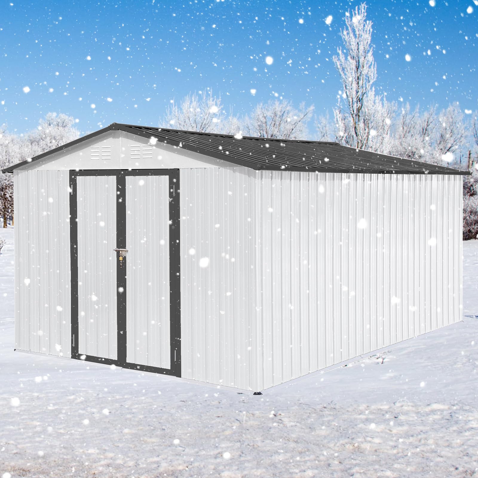 Ball & Cast 10x12 FT Sheds & Outdoor Storage,Metal Aluminum Garden Shed,with Punched Vents,Waterproof Cabinet w/Hinged Door and Padlock,Tool House for Storing Bicycles,Lawnmowers,Barbeques,White+Grey