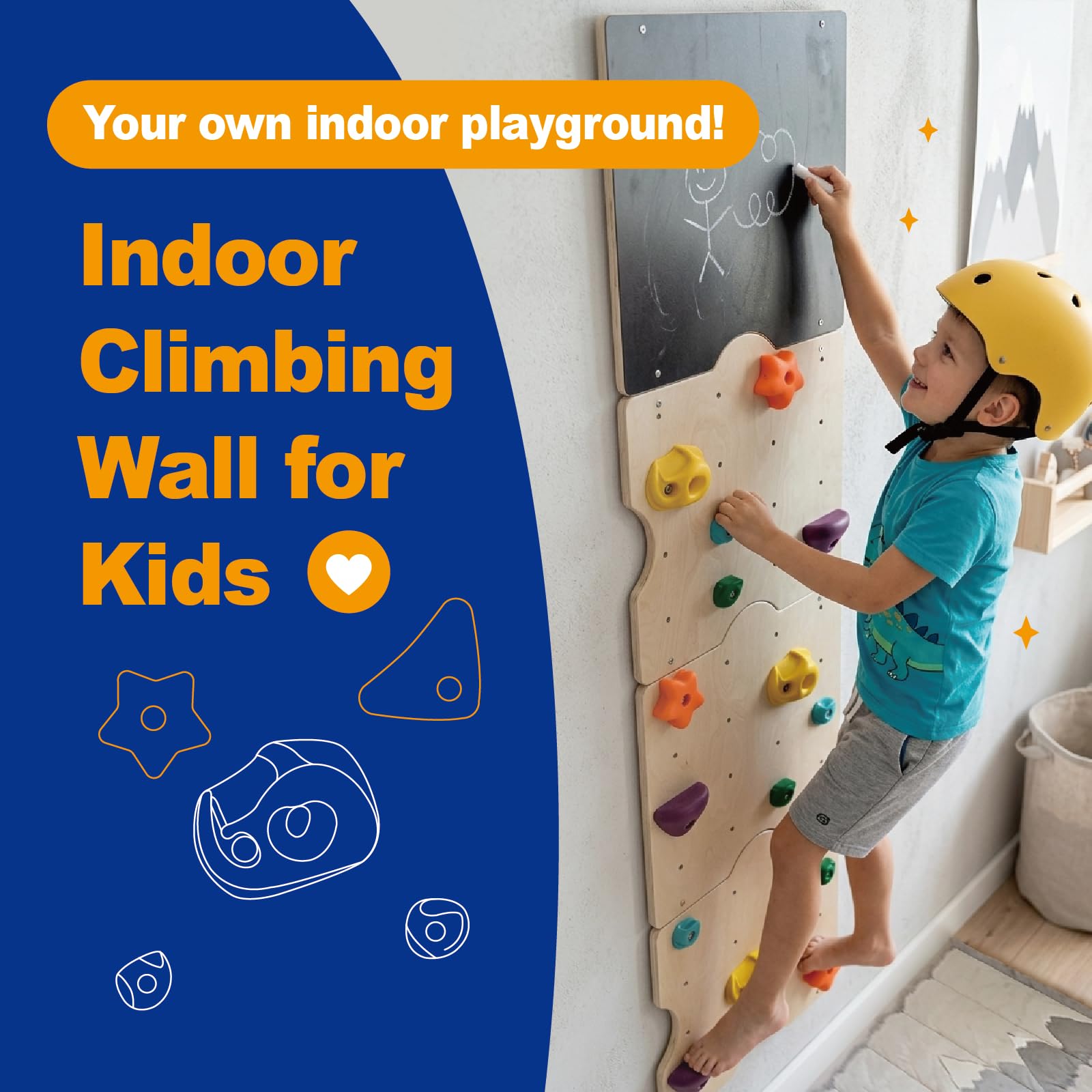 kidi house Rock Climbing Wall for Kids with 15 Rock Climbing Holds – Wooden Kids Indoor Climbing Wall with Drawing Blackboard, Pre-Drilled Nuts, Home Gym Kids Playroom Montessori Rock Wall Panel