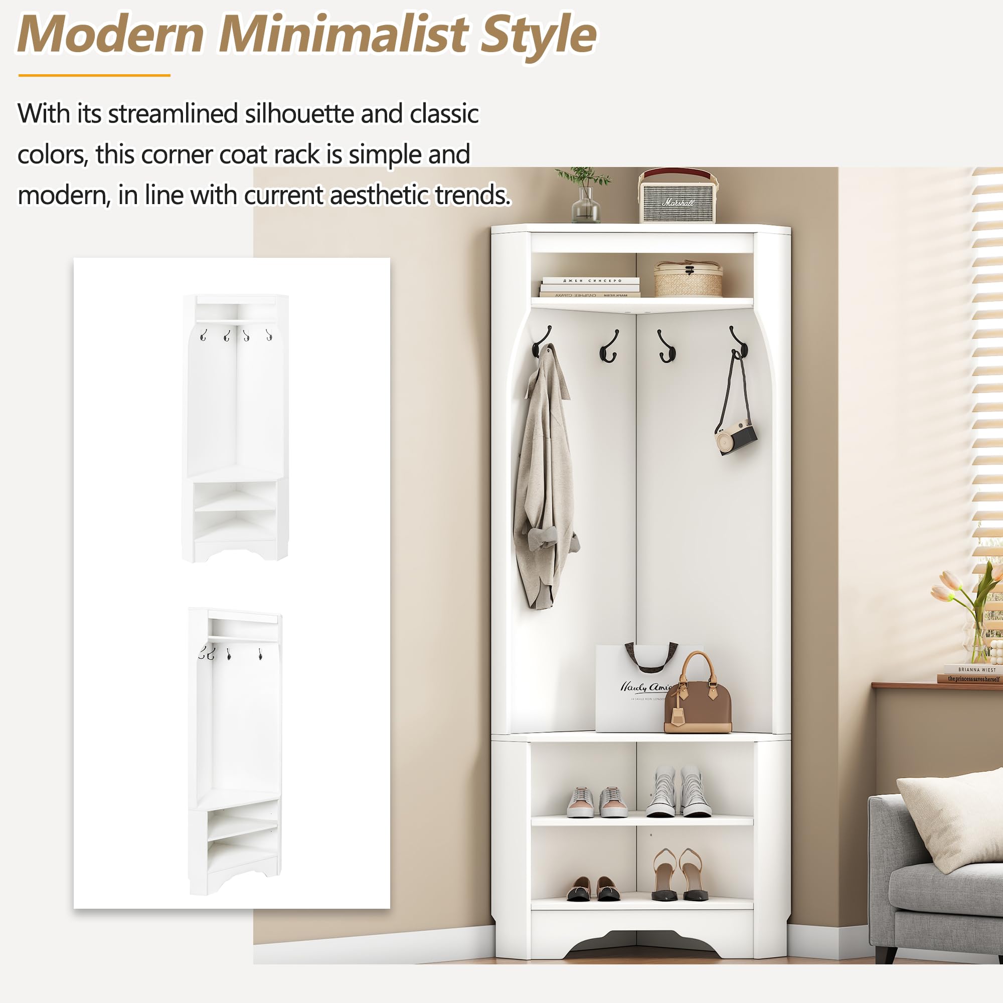 Minimalist Corner Hall Tree with Shoe Bench and 4 Hanging Hooks,Multi-Functional Entryway Coat Rack with Shoe Shelf,Corner Cabinet with Adjustable Shelf for Hallway, Living Room,Black (White, Corner)