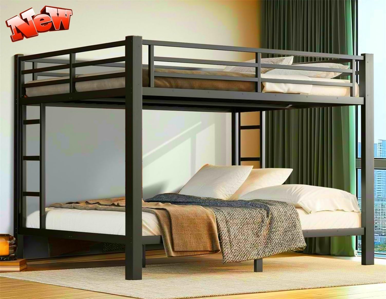 SIGONE Stronger & Safer Metal Bunk Bed Queen Over Queen Size Bunkbed, More Stable Heavy Duty Thickened Steel Bunk Queen Bed with Reinforced Legs & Ladders (Easier to Assemble)