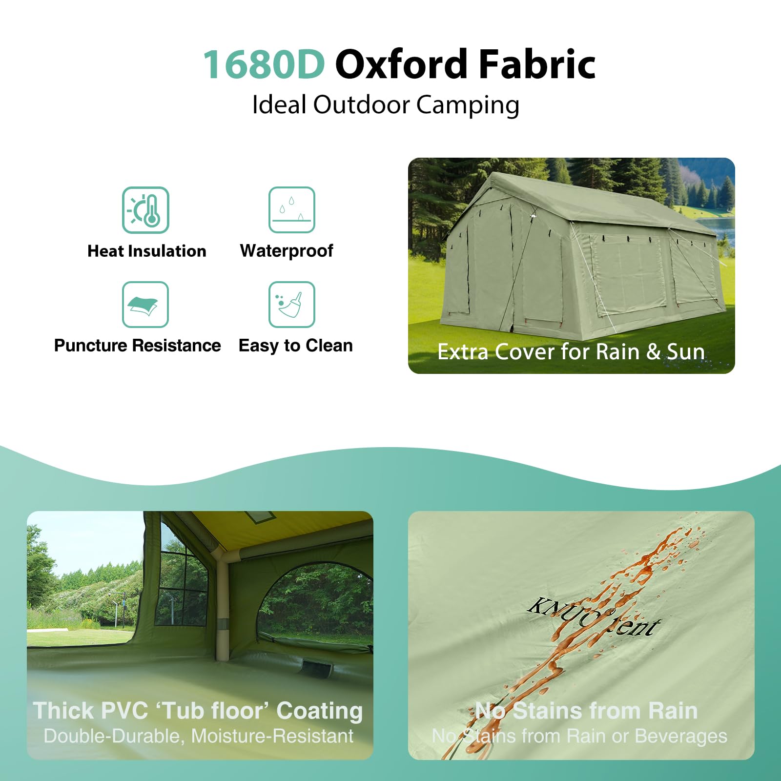 KNUO 2026 Upgraded Waterproof Inflatable Camping Tent for Winter with Rain Cover for 4~6 People, Large Blow-Up Air Tent, No Assembly Needed Luxury Glamping House, 12x12ft Oxford Fabric, Green