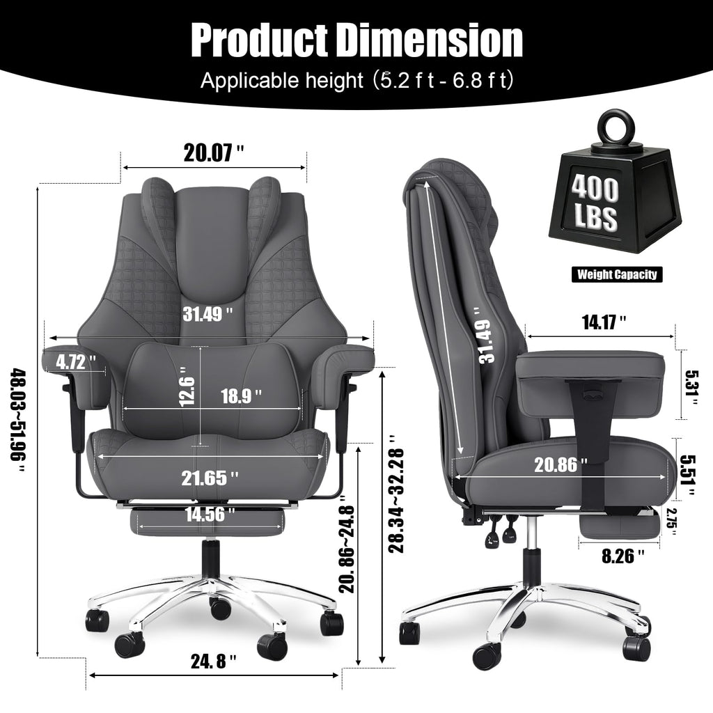 400lbs Big and Tall Office Chair, Wide Ergonomic Leather Executive Chair for Heavy People with Foot Rest, High-Back Reclining Computer Chair with Swivel Wheels and Lumbar Support (Gray)