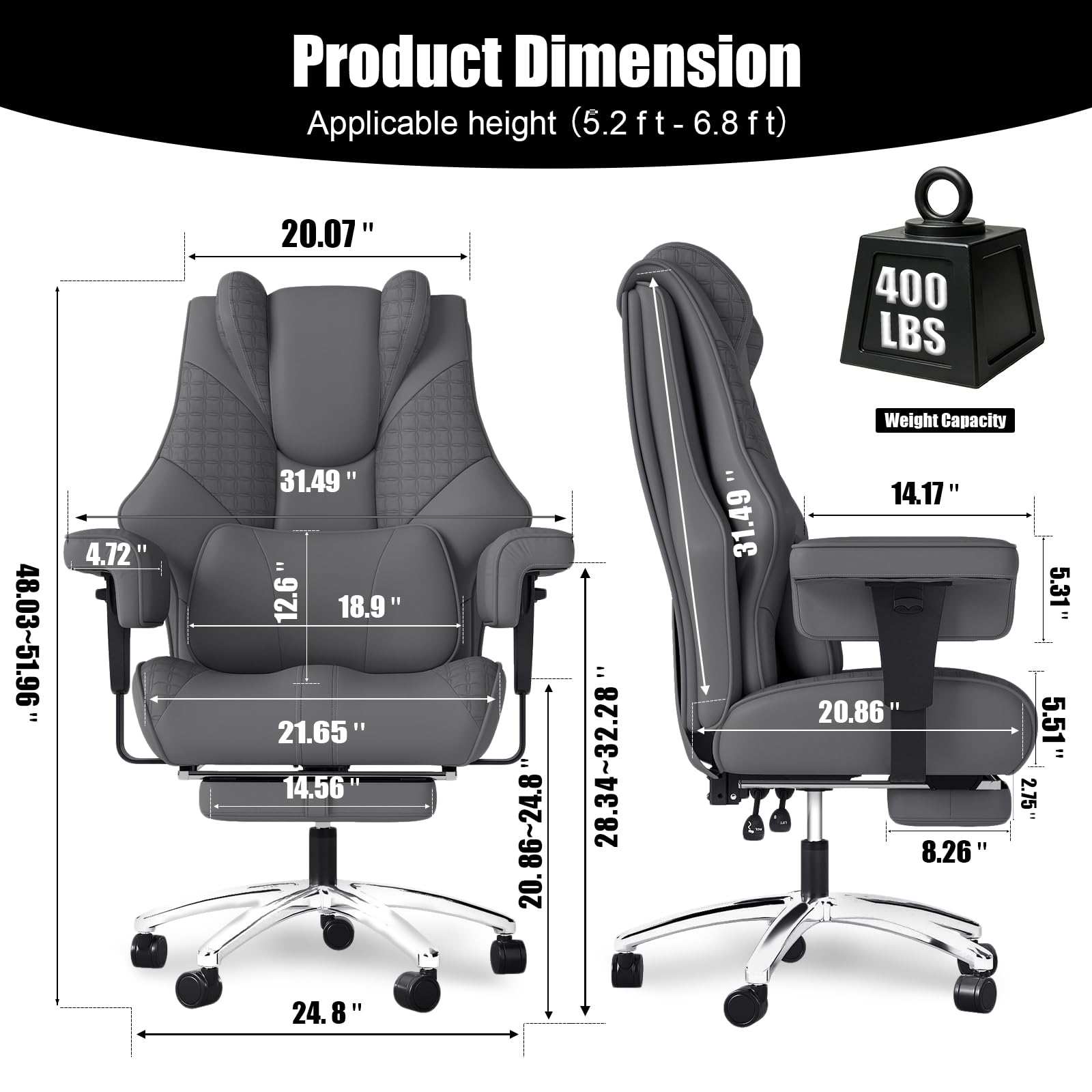 400lbs Big and Tall Office Chair, Wide Ergonomic Leather Executive Chair for Heavy People with Foot Rest, High-Back Reclining Computer Chair with Swivel Wheels and Lumbar Support (Gray)