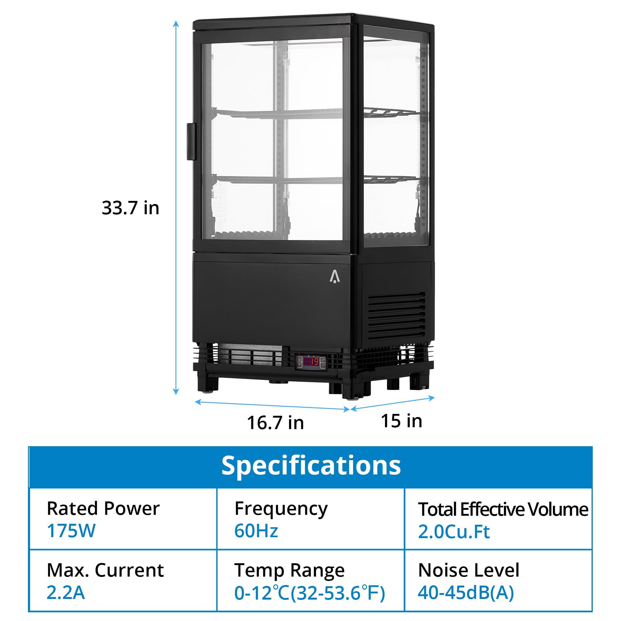 2.0 Cu.Ft. Countertop Refrigerated Display Case, Commercial Pastry Refrigerator with Led and Air-Cooling, Bakery, Cafes and Restaurants, Featuring Rear Sliding Door for Easy Access and Frost-Free