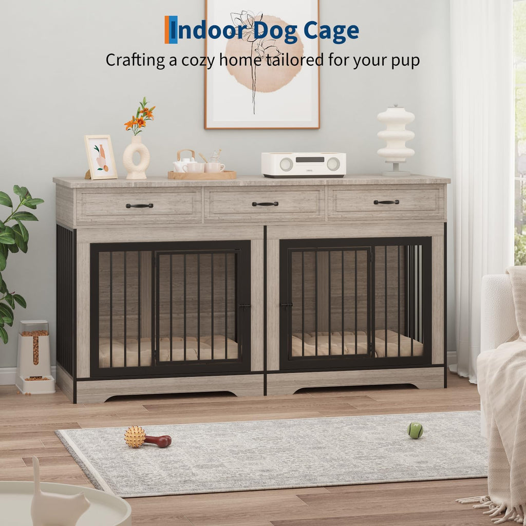 Extra Large Double Dog Crate Furniture – 70.9" Heavy Duty Wooden Kennel for 2 Medium or Large Dogs, Decorative End Table with 3 Drawers, TV Stand, Indoor Dog Cage with Double Doors