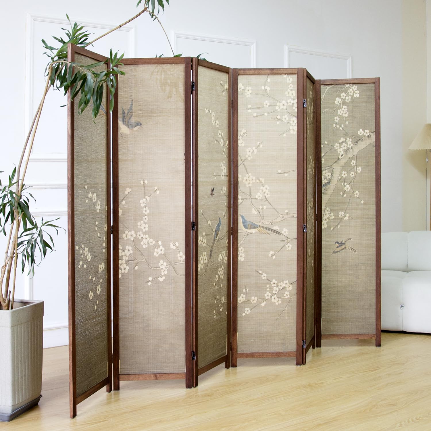 Furnnylane 6 Panel Bamboo Room Divider for Room Separation, 5.6 ft Tall Double-Sided Folding Privacy Screen with Premium Thickened Wood Frame, White Plum and Birds (67" H x 94.5" W)