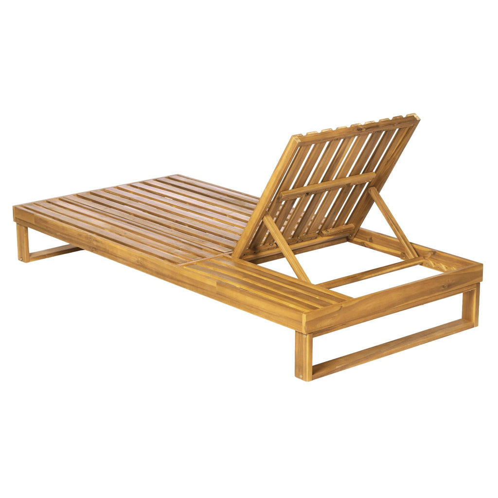Merax Teak Finish Acacia Wood Chaise Lounge with 4-Inch Cream 3-Fold Water-Resistant Cushion Set, 4-Position Adjustable Outdoor Patio Lounger with Flat Side Surface, for Poolside