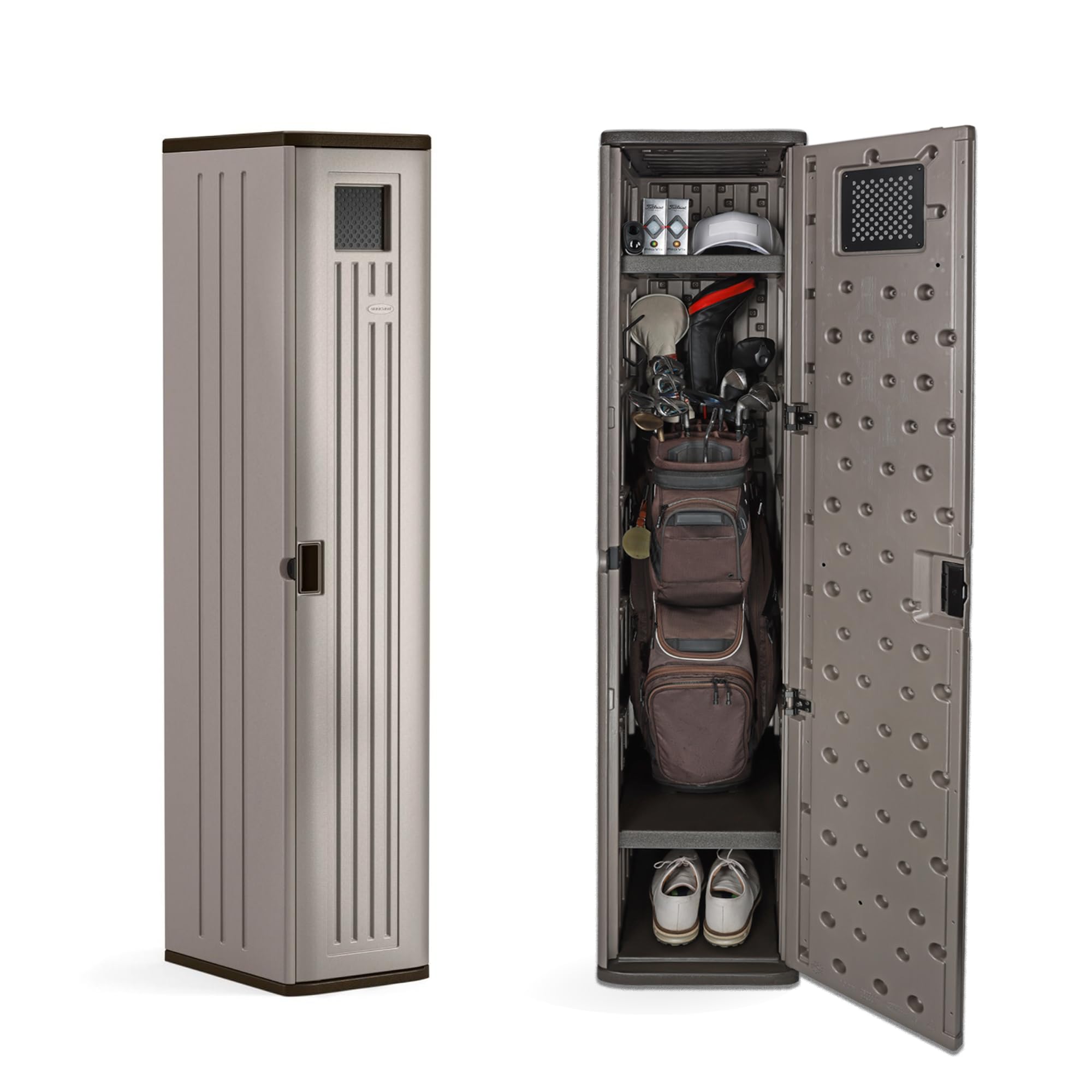 Suncast Garage and Golf Storage Organizer – Golf Rack and Bag Storage, Hall Tree with Shoe Cubby, Heavy-Duty Resin Locker Cabinet with Adjustable Shelves, Lockable, for Golf Equipment, Made in the USA