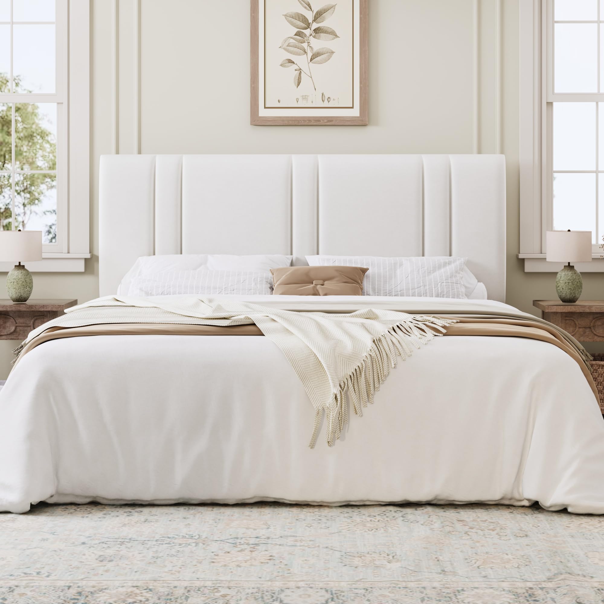 SHA CERLIN King Size Platform Bed Frame, Velvet Upholstered Bed with Adjustable Headboard, Vertical Channel Tufted Design, Sturdy Wood Slat Support, No Box Spring Needed, Easy Assembly, White