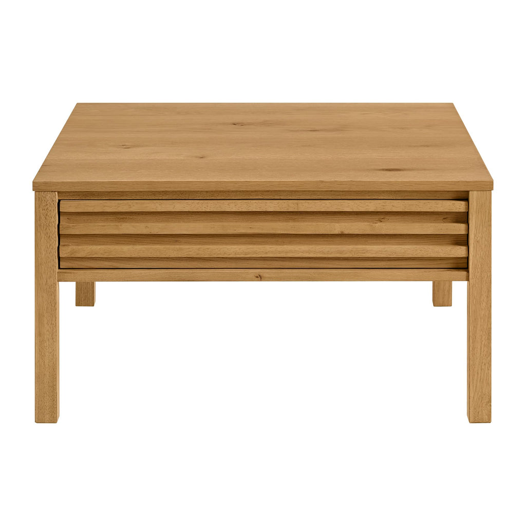 Martin Svensson Home Julian Genuine Oak Wood Coffee Table, 32 Inch Square, Mid Century Modern Cocktail Table for Living Room, Dual Drawers, Slatted Sides, Leveling Feet, Light Oak Natural