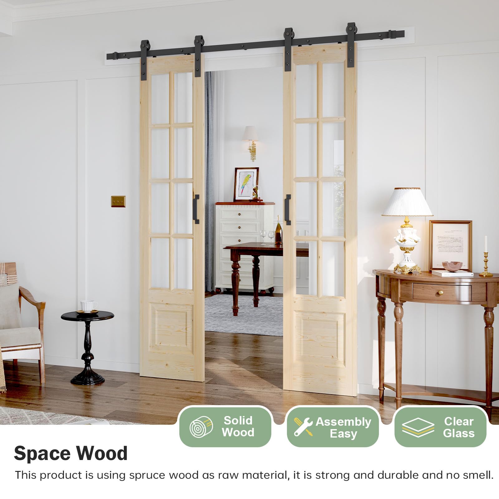 Roymelo Preassembled 36x84 (Double 18x84) Inch Clear Glass French Interior Door with 6.6Ft Barn Door Hardware Kit Included, Spruce Wood Support DIY Dyeing, Easy Assembly