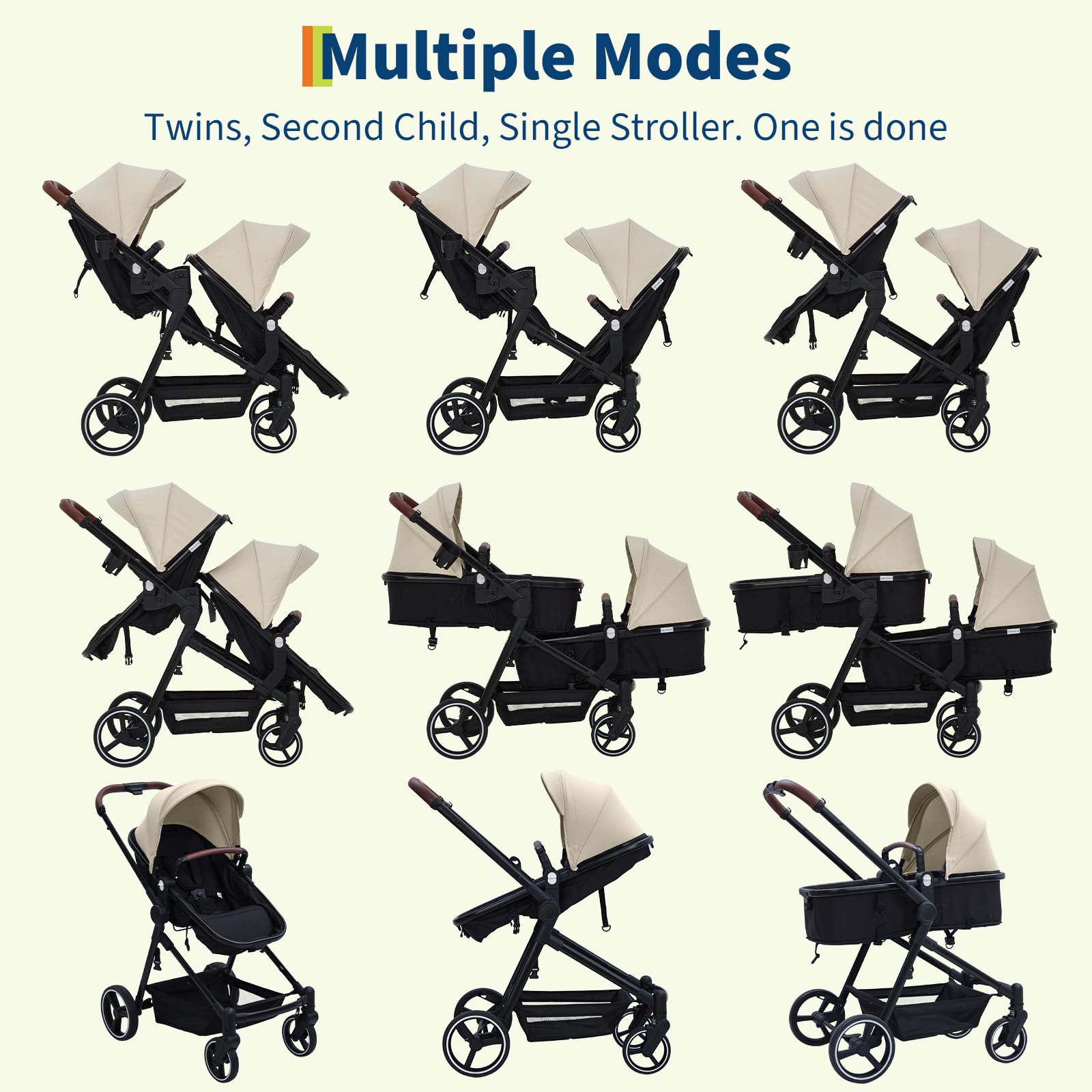 Tandem Double Stroller for Twins, Foldable Baby Stroller for Newborns 0-6 Months, Reversible Adjustable Seats, Shock-Absorbing Swivel Wheels & One-Step Brake, Storage Basket & Sun Canopy, Beige