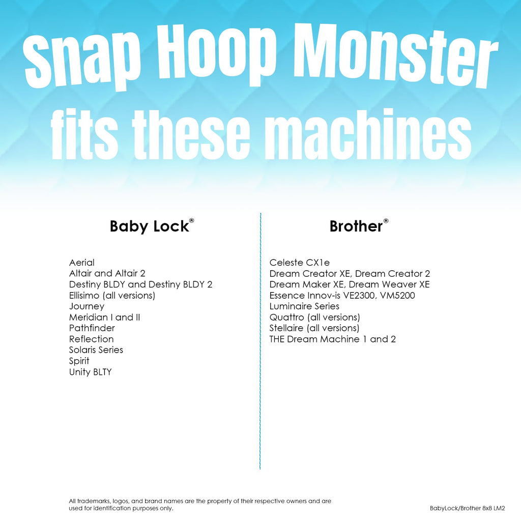 Snap Hoop Monster for Baby Lock/Brother (8" x 8") Magnetic Embroidery Hoop for Machine Embroidery