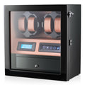 4 Watch Winder with 5 Watch Storage Space, LCD Display, Touch Control and Interior Light (Black + Brown)