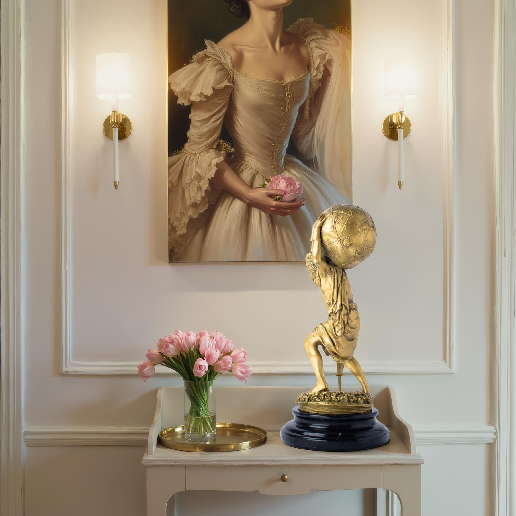 R REALONG Gloden Bronze Atlas Sculpture with Marble Base – 13.4" Tall Handcrafted Titan Atlas Carrying Globe Figurine, Lost-Wax Cast Bronze Art Decor for Home, Office & Collectors