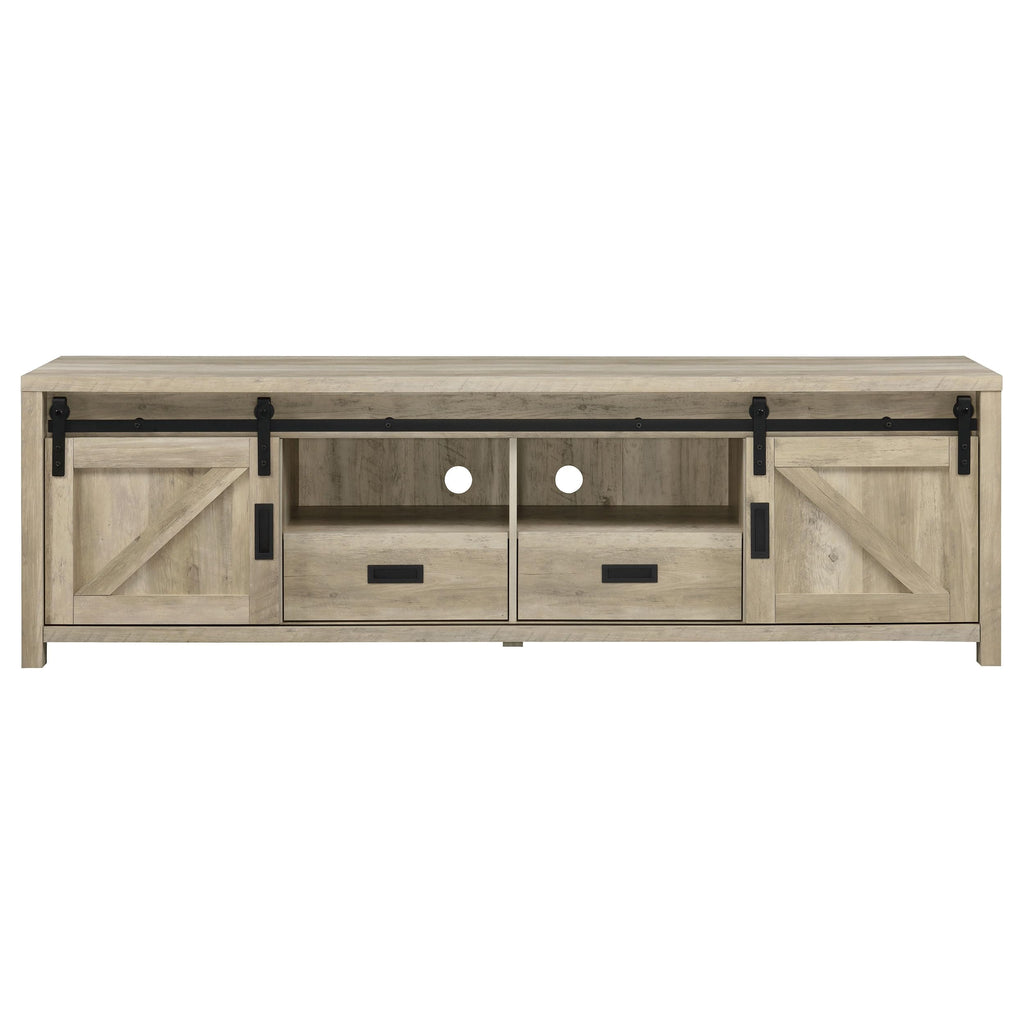 Coaster Home Furnishings - Madra - Engineered Wood - 79-Inch 2-Door TV Stand with Sliding Barn Doors, Open Shelves - Living Room - Distressed Pine - 736263