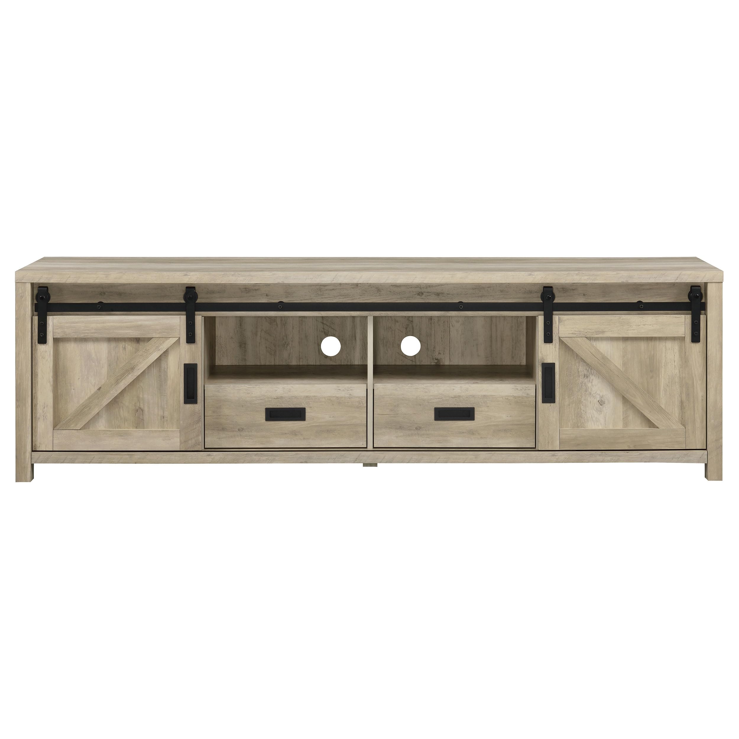 Coaster Home Furnishings - Madra - Engineered Wood - 79-Inch 2-Door TV Stand with Sliding Barn Doors, Open Shelves - Living Room - Distressed Pine - 736263
