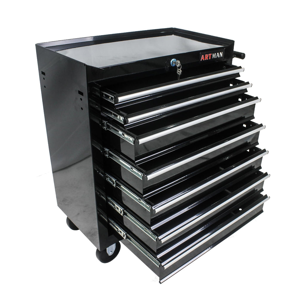 Aoile Tool Chest with 7-Drawer Tool Box Organizers and Storage,Rolling Multifunctional Tool Cart on Wheels,Tool Storage Organizer Cabinets with Key Locking for Garage, Warehouse, Repair Shop. (Black)