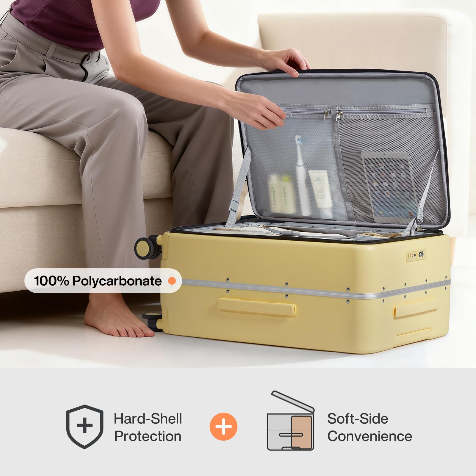 mixi 26 Inch Large Checked Luggage PC Hard Shell Suitcase Top Opening Aluminum Frame Travel Suitcases with Wheels, Lark Yellow