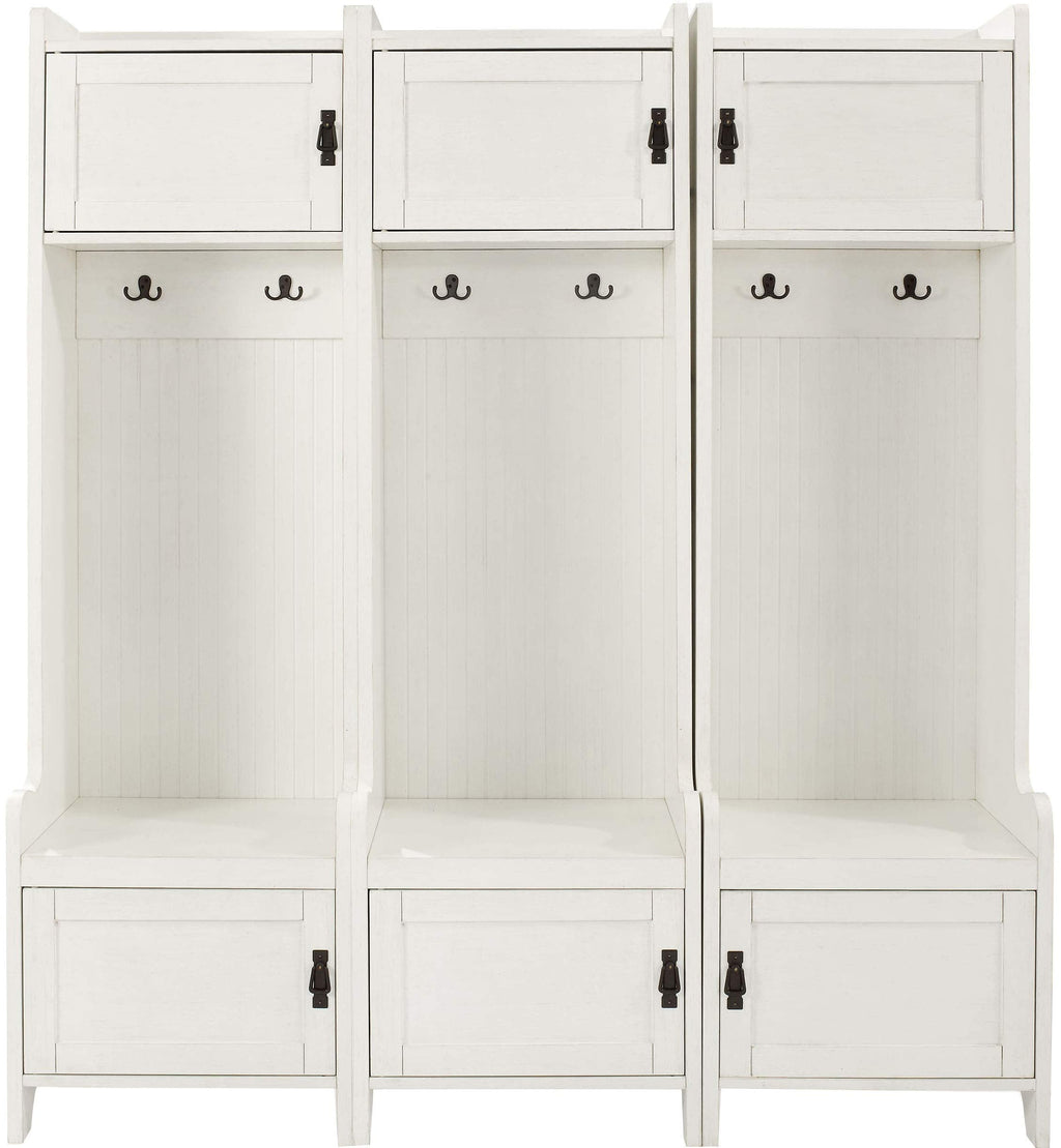 Crosley Furniture Fremont 3-Piece Hall Tree Entryway Set with Storage Cabinets and Coat Rack Hooks, Distressed White