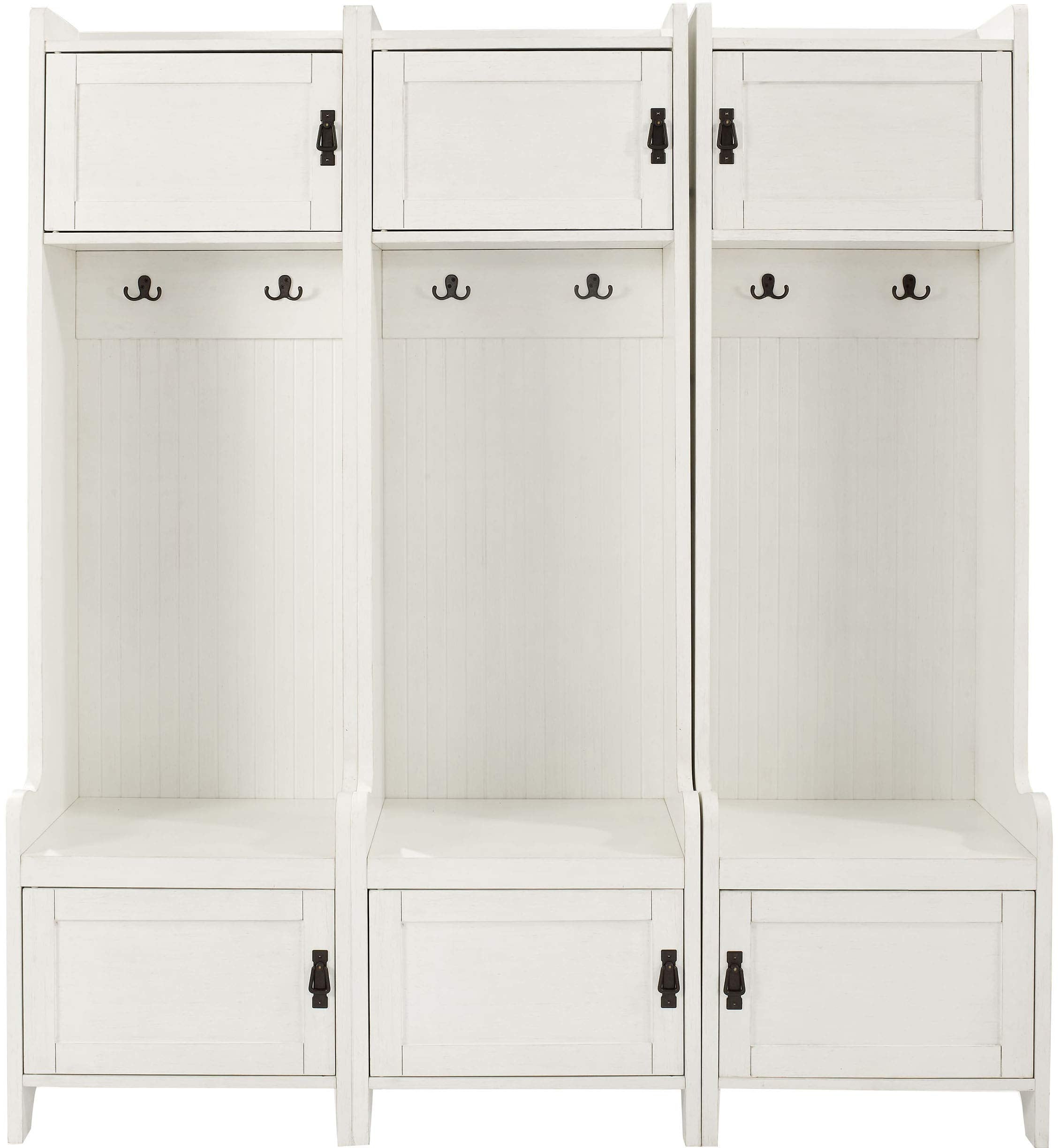 Crosley Furniture Fremont 3-Piece Hall Tree Entryway Set with Storage Cabinets and Coat Rack Hooks, Distressed White