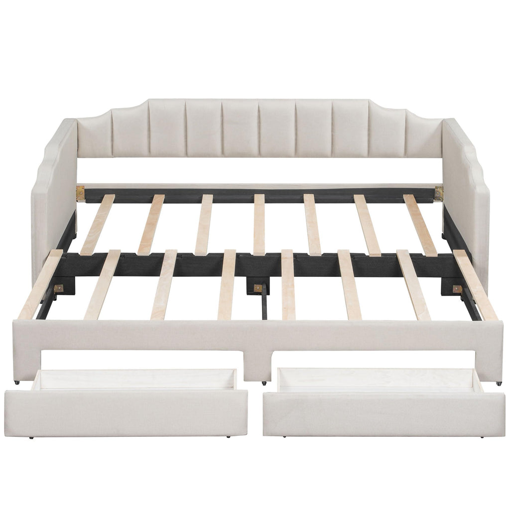 Bellemave Twin XL Size Daybed Frame with Pop up Trundle,Upholstered Day Bed with Two Storage Drawers and LED Light,Twin XL to King Daybed,Beige