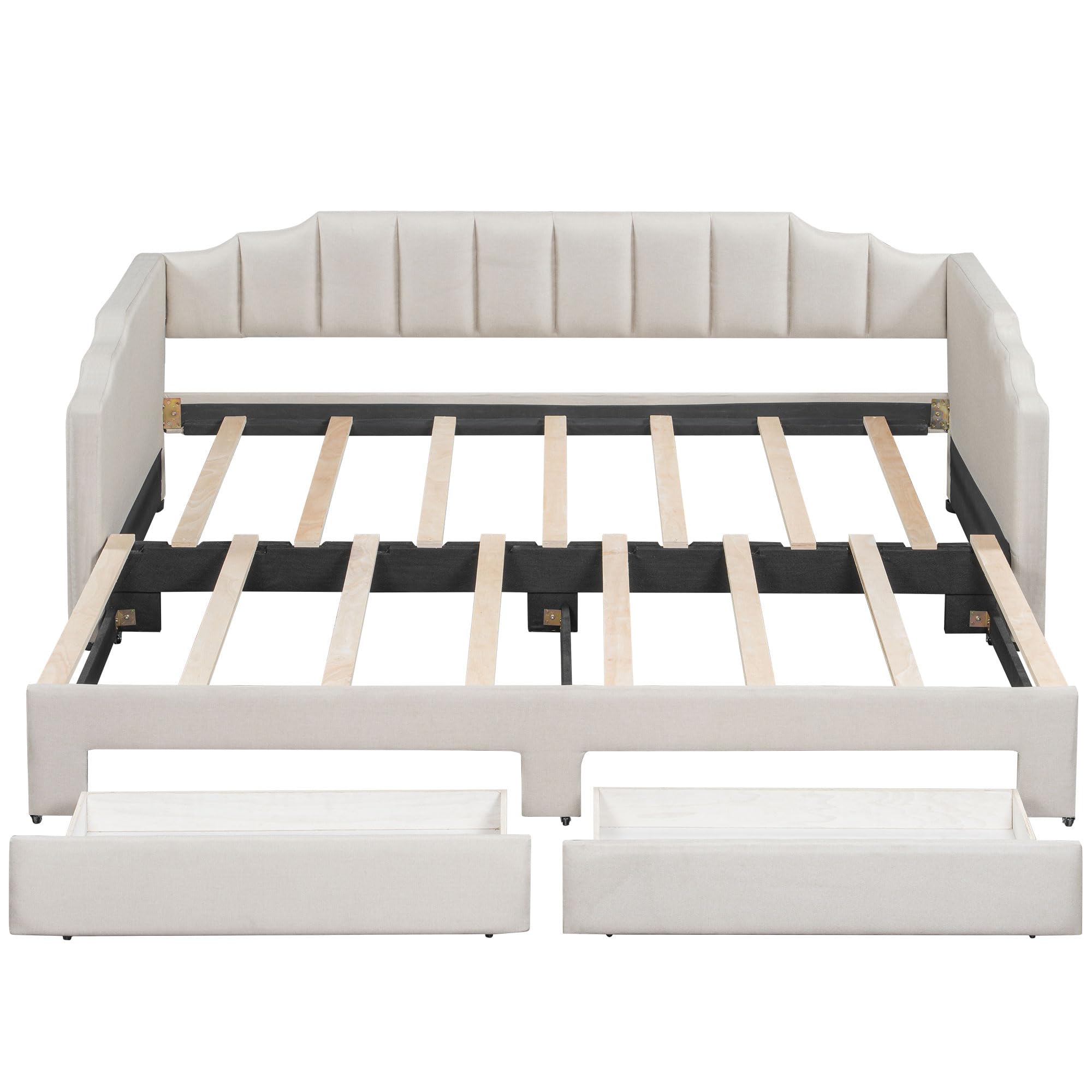 Bellemave Twin XL Size Daybed Frame with Pop up Trundle,Upholstered Day Bed with Two Storage Drawers and LED Light,Twin XL to King Daybed,Beige