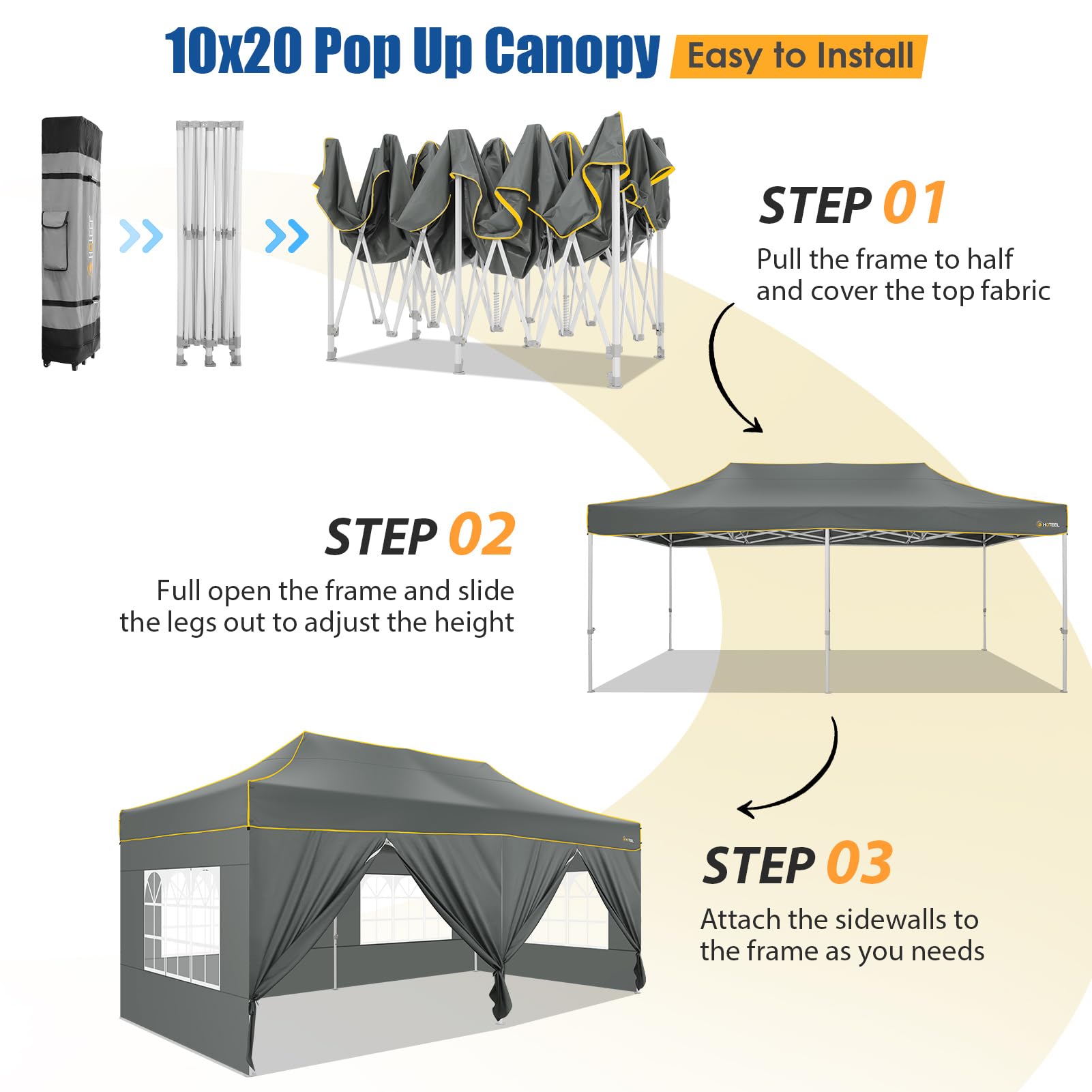 HOTEEL 10x20 Heavy Duty Pop up Canopy Tent with 6 Sidewalls, Easy Setup Outdoor Commercial Instant Gazebo for Parties Wedding Event, with Roller Bag & Sand Bags, Gray(Hexagonal Frame)