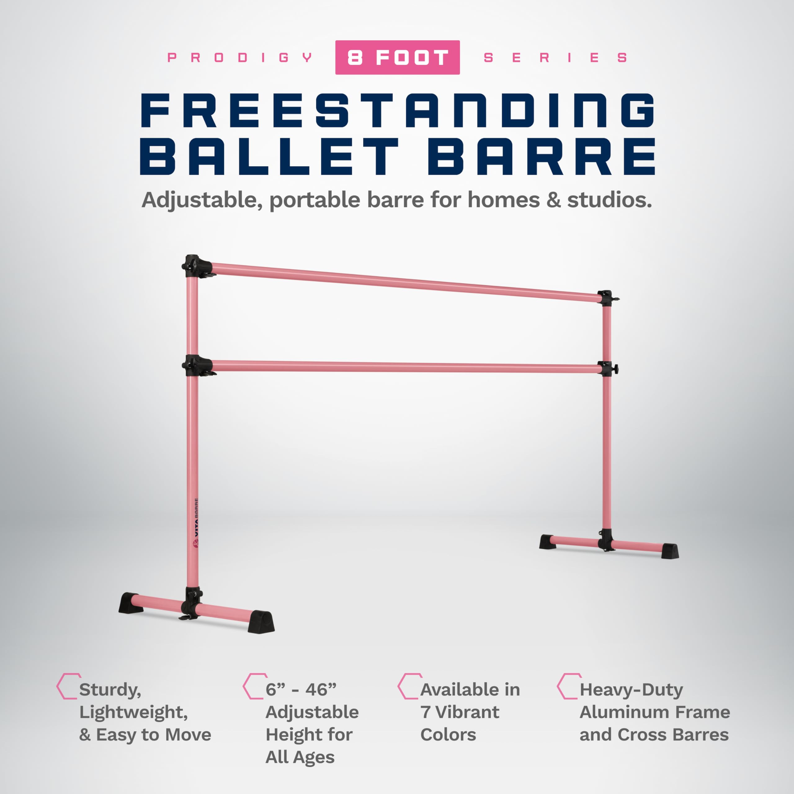 VITA Barre Portable Freestanding Double Ballet Barre, Prodigy, 8 Ft Bars, Light Pink | Adjustable Height, USA Made, Home or Gym Exercise Equipment for Kids & Adults | Dance, Fitness, Pilates