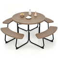 Tangkula 8 Person Picnic Table, Outdoor Round Picnic Table with 4 Built-in Benches, Umbrella Hole, Metal Frame & HDPE Tabletop, Outside Table and Bench Set for Backyard, 2300lbs Weight Capacity