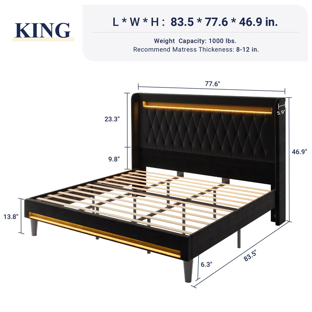 Allewie Upholstered King Size Platform Bed Frame with LED Light and Charging Station, Button Tufted High Headboard, Wingback Design, Noise Free, Easy Assembly, No Box Spring Needed, Black
