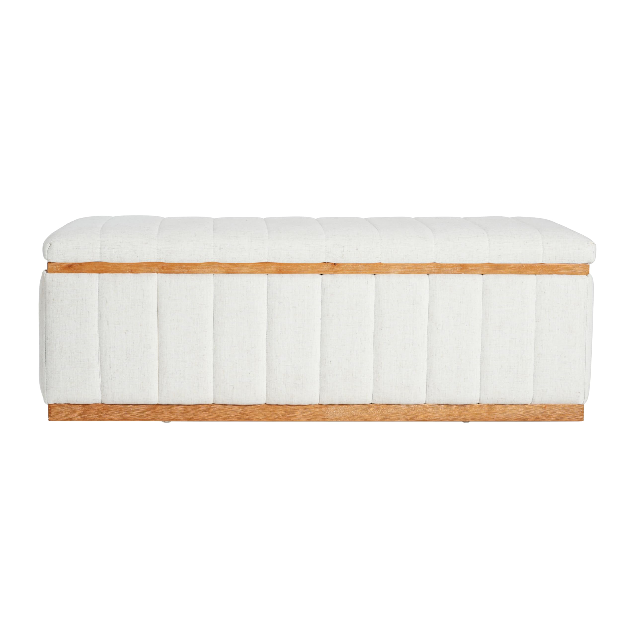 Christopher Knight Home Kira Living Room Ottoman with Storage, Linen Upholstered Storage Ottoman Bench with Channel-Tufted Design, Wood Frame Sofa Foot Stool, Bedroom End of Bed Bench, Beige