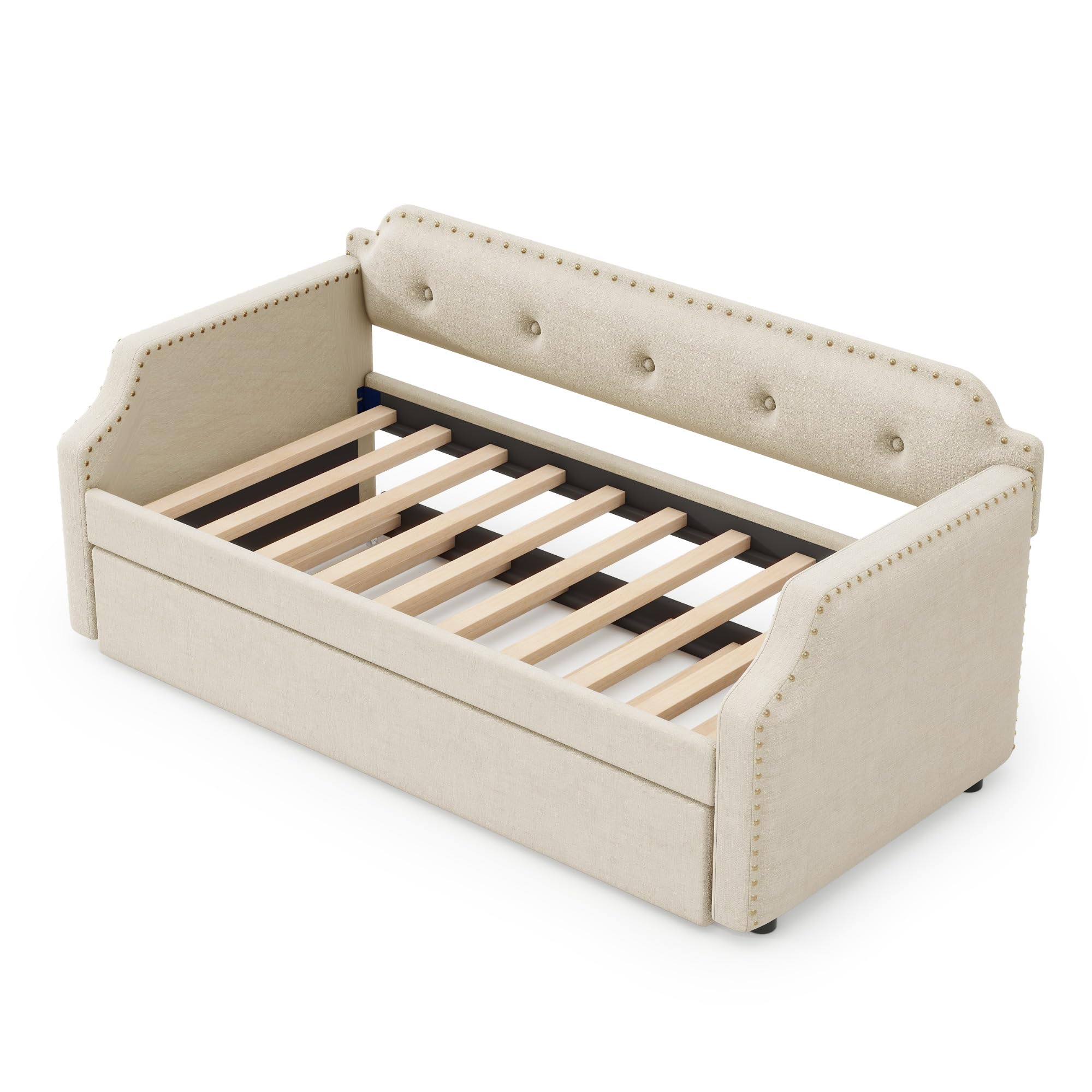 Merax Upholstered Daybed with Trundle, Wood Slat Support,Upholstered Frame Sofa Bed, Twin, Beige