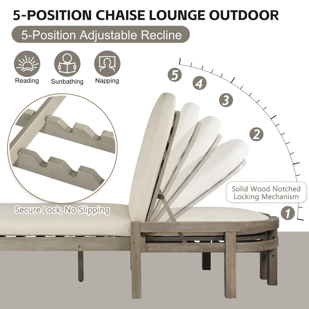 Merax Outdoor Chaise Lounge,Premium Acacia Wood Patio Recliner with Arched Backrest,5-Position Adjustable Backrest,Thick Cushion,Outdoor Lounge Chair for Poolside,Backyard,Deck & Lawn,Gray