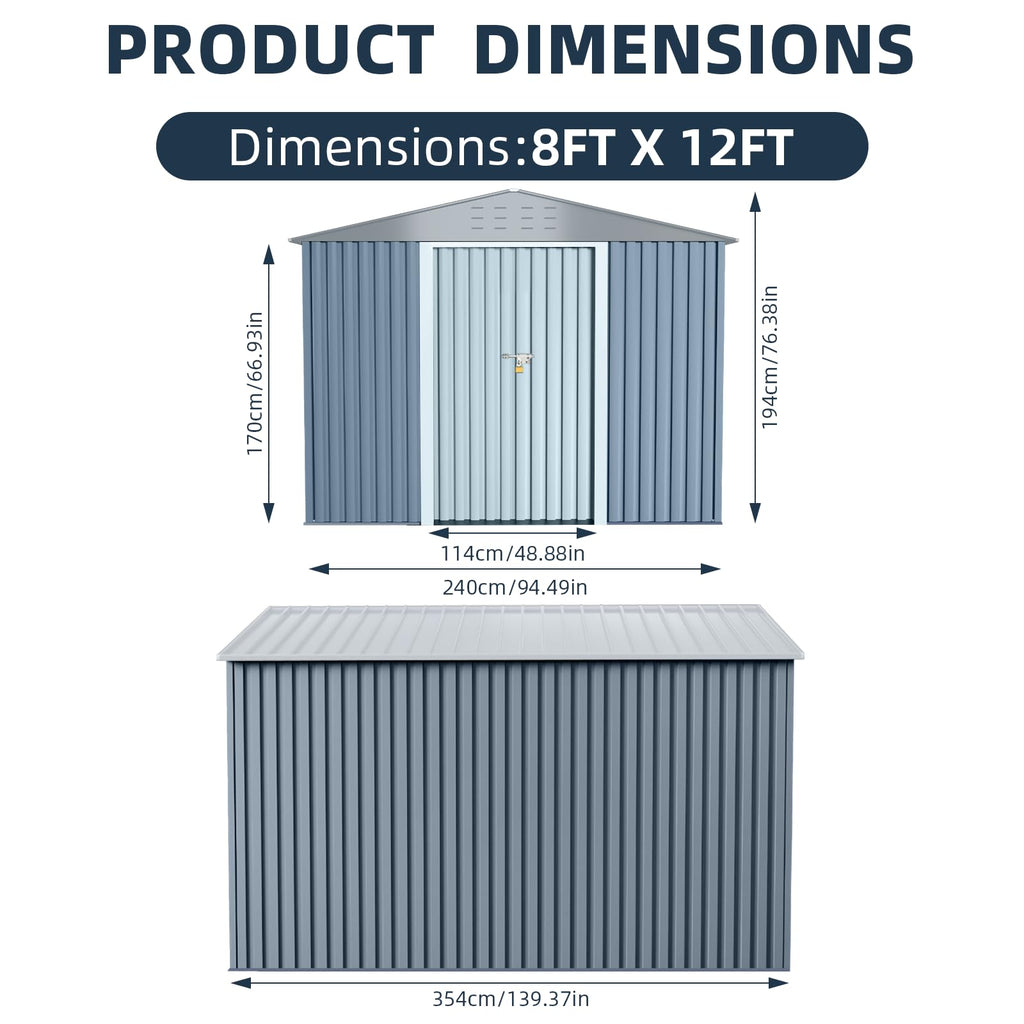 8x12 ft Outdoor Storage Shed, Galvanized Steel Metal Lockable Garden Shed with Sloping Roof, Ventilation & Weatherproof,Ideal for Tools & Equipment Backyard Garden Patio Lawn
