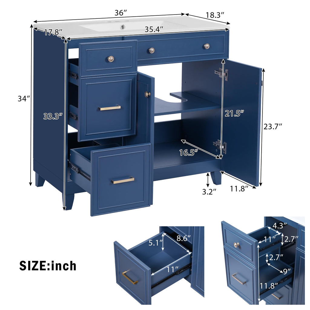 Favfurish 36" Bathroom Vanity with Ceramic Sink Combo,Free Standing Cabinet with Double-Layer Drawers and 3 Drawers,Solid Wood Bathroom Storage with Soft Close Doors,Adjustable Shelf,Modern,Blue